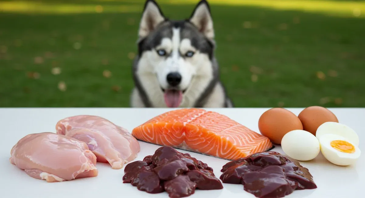 Various high-quality protein sources including chicken, salmon, eggs and liver arranged for display, with a Siberian Husky in the background
