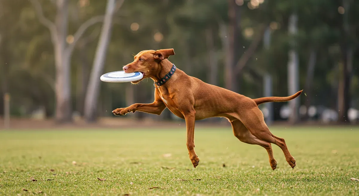 Athletic Vizsla dog jumping to catch a frisbee in mid-air, demonstrating the breed's high energy levels and exercise requirements