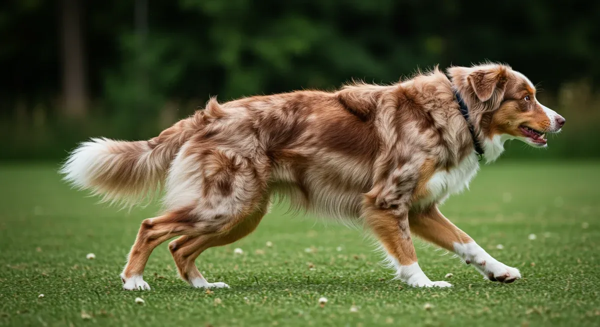 Close-up view of an Australian Shepherd's muscular leg structure showing the developed muscle fibers that provide both explosive speed and endurance capabilities