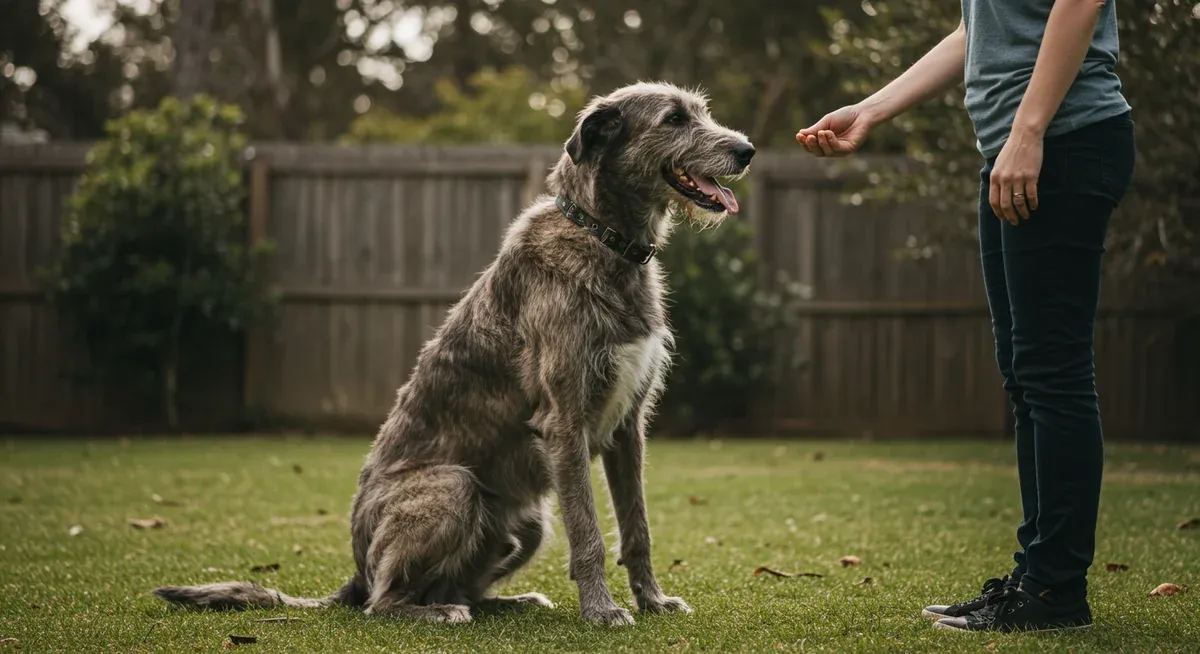 Irish Wolfhound receiving positive reinforcement training with treats, illustrating the gentle, reward-based approach needed for this sensitive breed