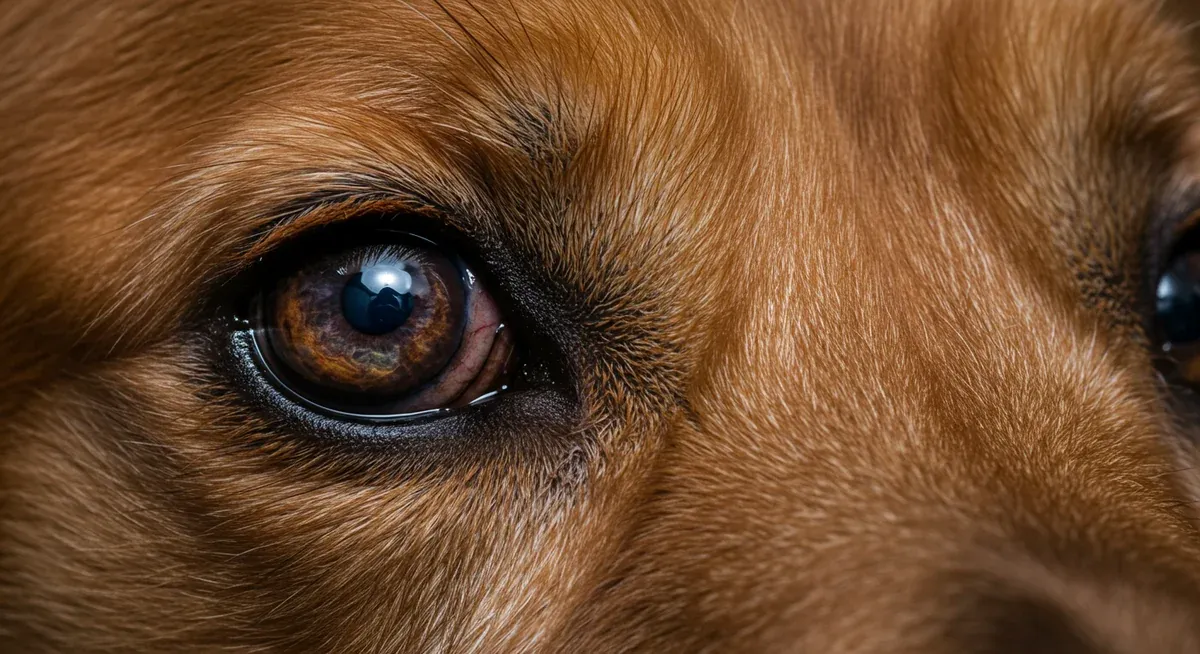 Close-up veterinary photograph of a Golden Retriever's eye showing early signs of Pigmentary Uveitis with subtle redness and pigment deposits on the iris