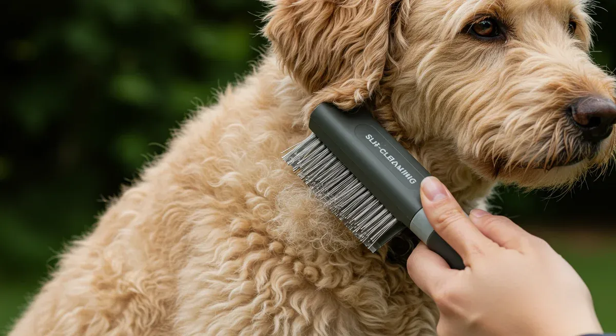 Close-up of a slicker brush with fine wire bristles being used on a Labradoodle's curly coat, demonstrating proper brushing technique for dense, curly fur