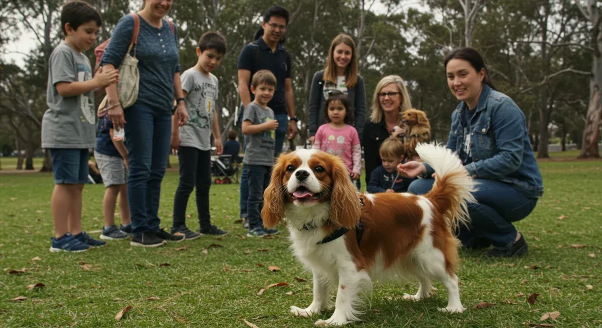 A Cavalier King Charles Spaniel happily interacting with multiple people in a park, demonstrating the breed's naturally social and friendly personality with strangers