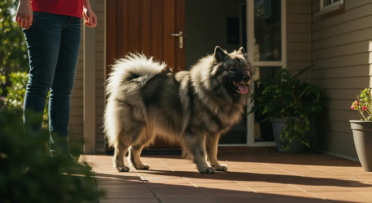 A Keeshond dog enthusiastically greeting a visitor at a front door, demonstrating the breed's naturally social and friendly temperament with strangers