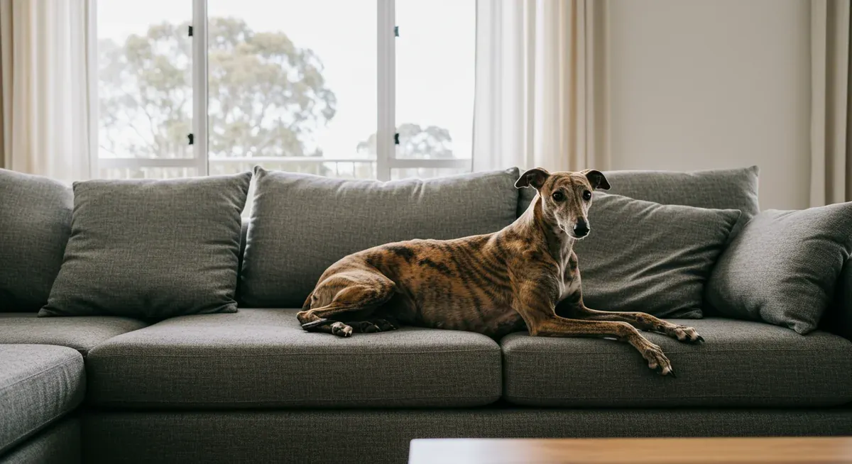 A brindle Greyhound lounging on a sofa, illustrating the breed's tendency to rest 18-20 hours daily despite their athletic appearance