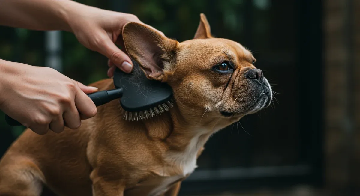 French Bulldog being brushed with a soft-bristle brush, demonstrating proper weekly grooming technique for their short coat