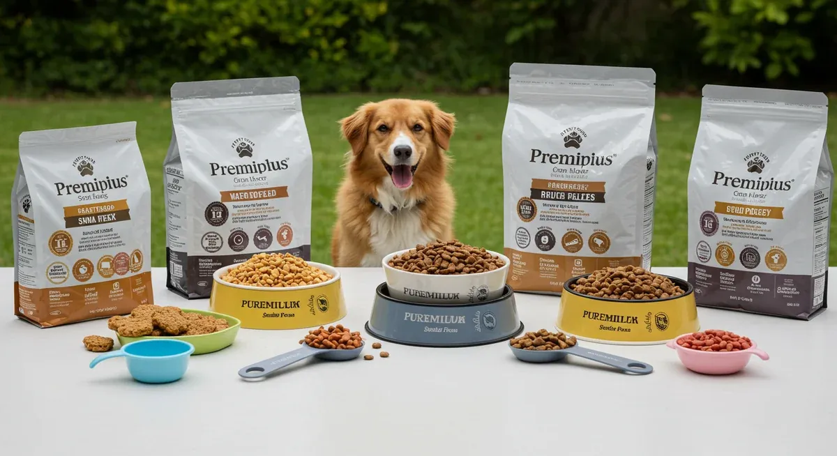 Various premium dog food brands and kibble types displayed with measuring tools, showing weight management food options for Basset Hounds