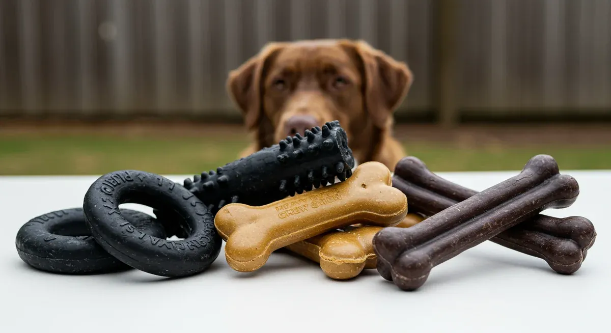 Collection of durable chew toys including rubber rings, nylon bones, and textured chew sticks designed for strong-jawed dogs like Bulldogs
