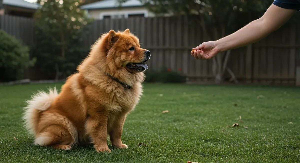 A Chow Chow engaged in positive reinforcement training, showing the patient and respectful approach needed for this independent breed