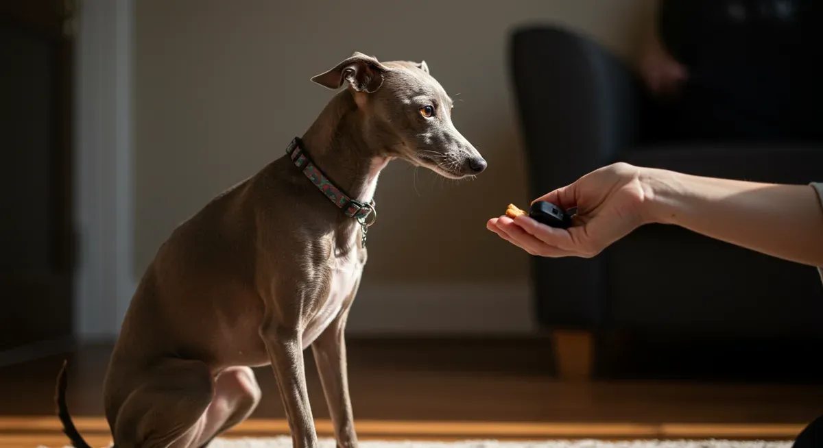 Italian Greyhound engaged in positive reinforcement training with owner using treats and clicker, illustrating effective training methods for the breed