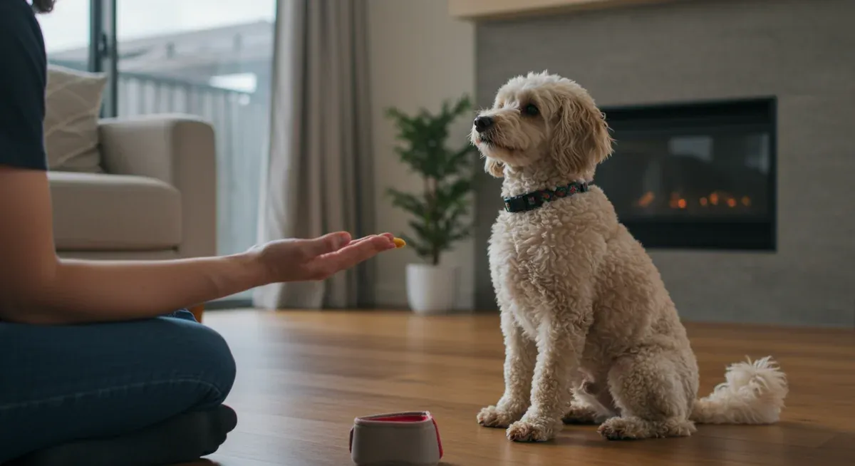 A white Toy Poodle attentively watching their owner during quiet command training, showing the positive reinforcement techniques described in the training section