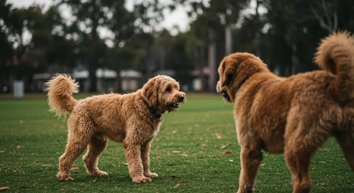 A Goldendoodle showing defensive body language and alert posture while encountering another dog, illustrating the dog-directed aggression behaviors described in the article