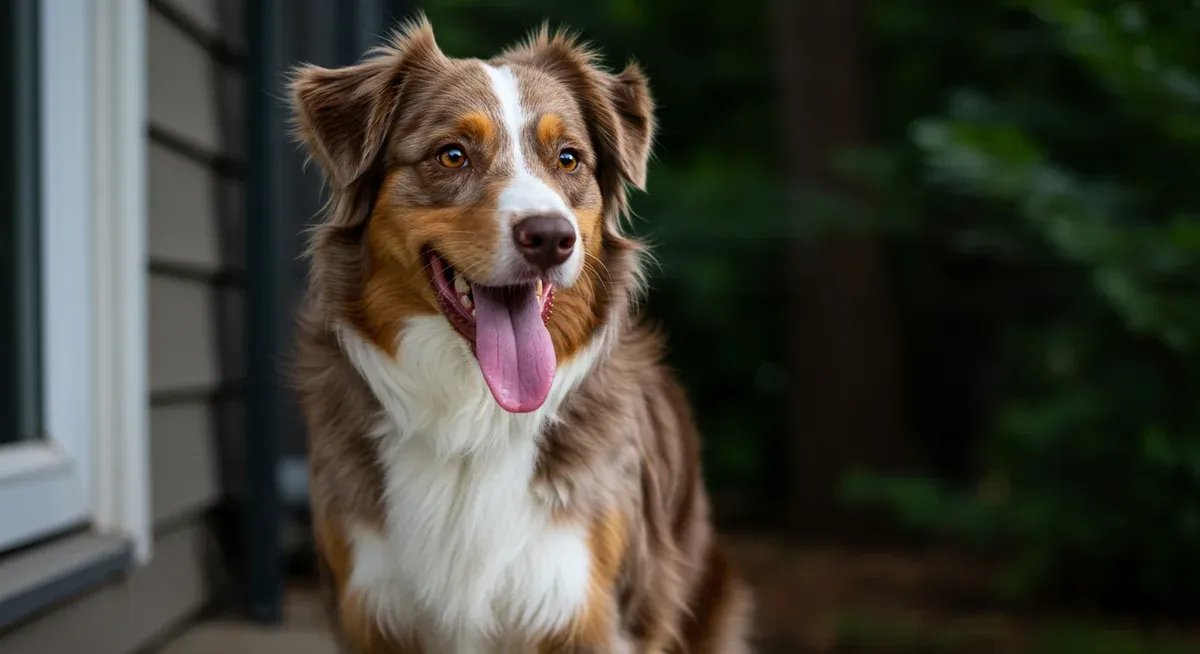 An Australian Shepherd showing signs of anxiety including panting and tense posture near a door, illustrating common stress behaviors in the breed