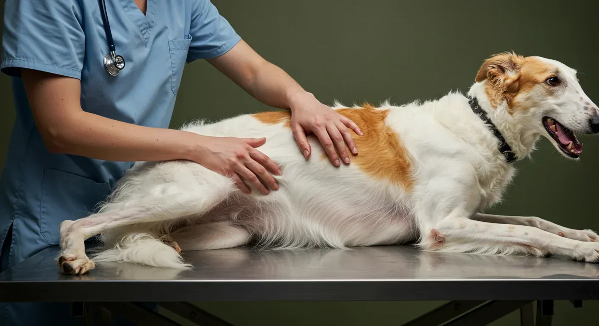 Veterinarian examining a Borzoi's abdomen for signs of bloat, demonstrating the hands-on diagnostic approach for this serious condition