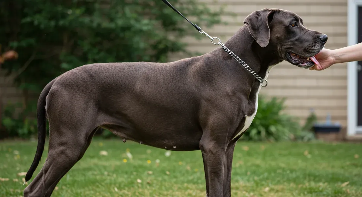 A Great Dane showing signs of bloat with a visibly distended abdomen in a veterinary setting, illustrating the serious emergency condition that requires immediate medical attention
