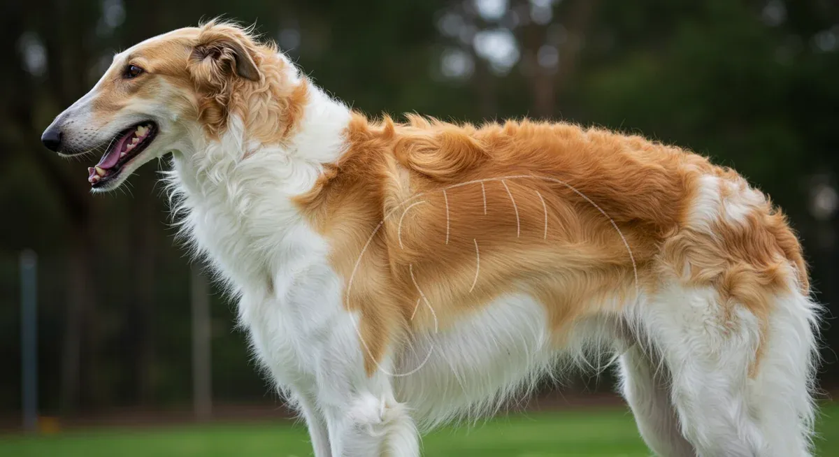 Profile view of a Borzoi showing the deep chest structure that makes the breed susceptible to bloat, photographed in a veterinary setting