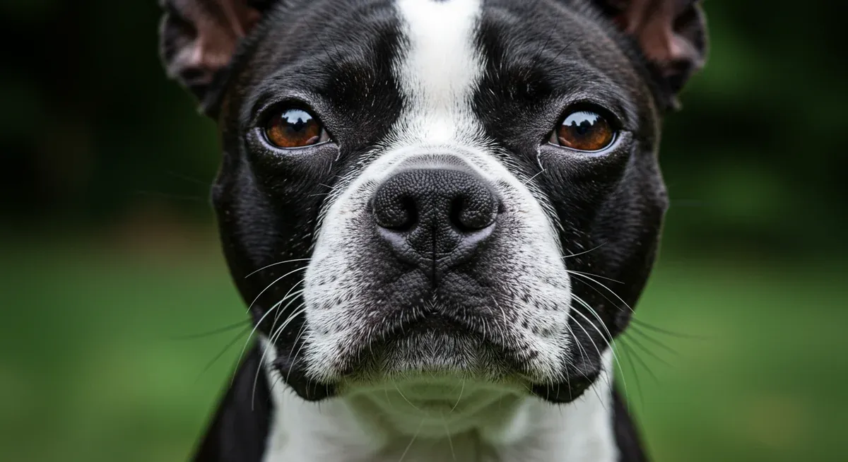 Close-up view of a Boston Terrier's flat face showing the shortened nose structure that causes breathing challenges in this breed