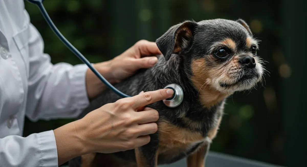 Veterinary examination of an Affenpinscher's breathing, demonstrating the flat-faced structure that causes respiratory difficulties in the breed