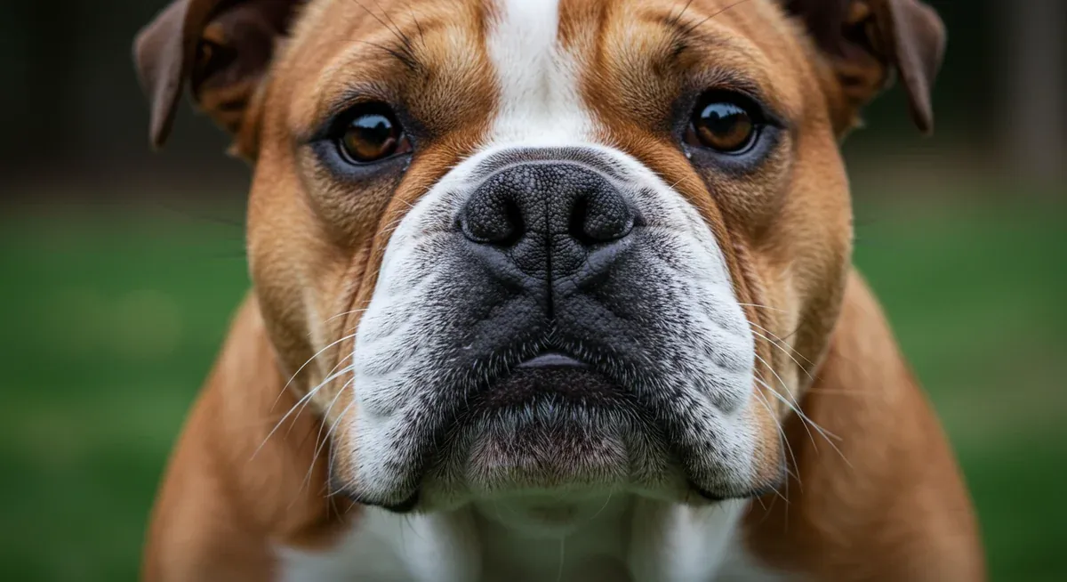 Close-up of English Bulldog's flat face showing narrow nostrils and compressed facial structure that causes breathing difficulties