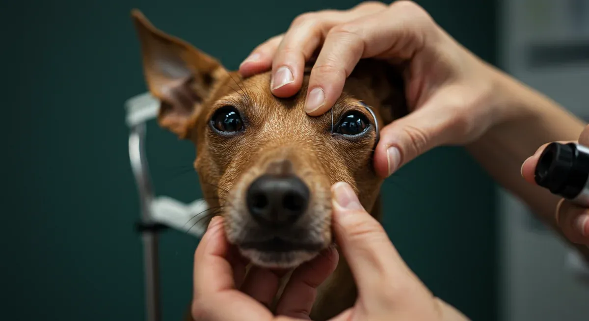 Veterinarian examining a Rat Terrier's eyes with an ophthalmoscope to detect conditions like Primary Lens Luxation and Progressive Retinal Atrophy