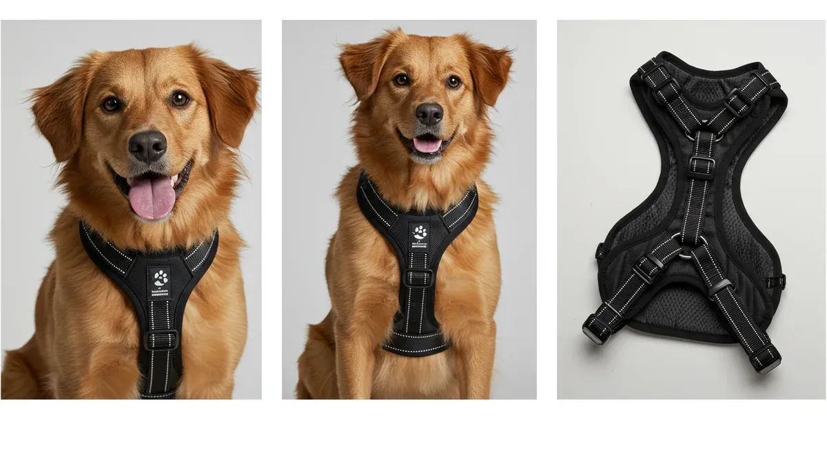 Three different types of dog harnesses displaying back-clip, front-clip, and dual-clip attachment points to illustrate harness variety for French Bulldogs