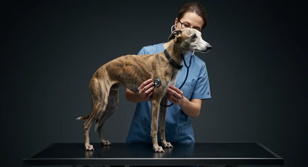 A veterinarian examining a Whippet's heart with a stethoscope during a routine check-up, illustrating the importance of cardiac monitoring in this breed