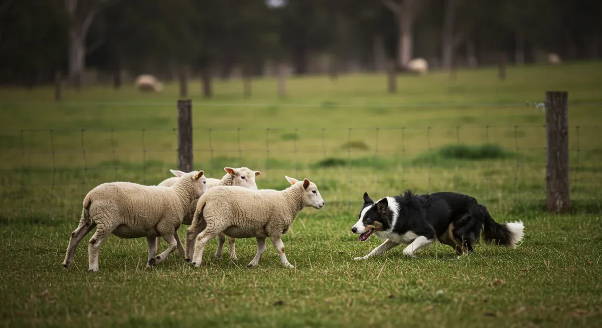 Border Collie in classic herding stance with lowered body and focused gaze, demonstrating the intense concentration and natural instincts described in the behavioral guide