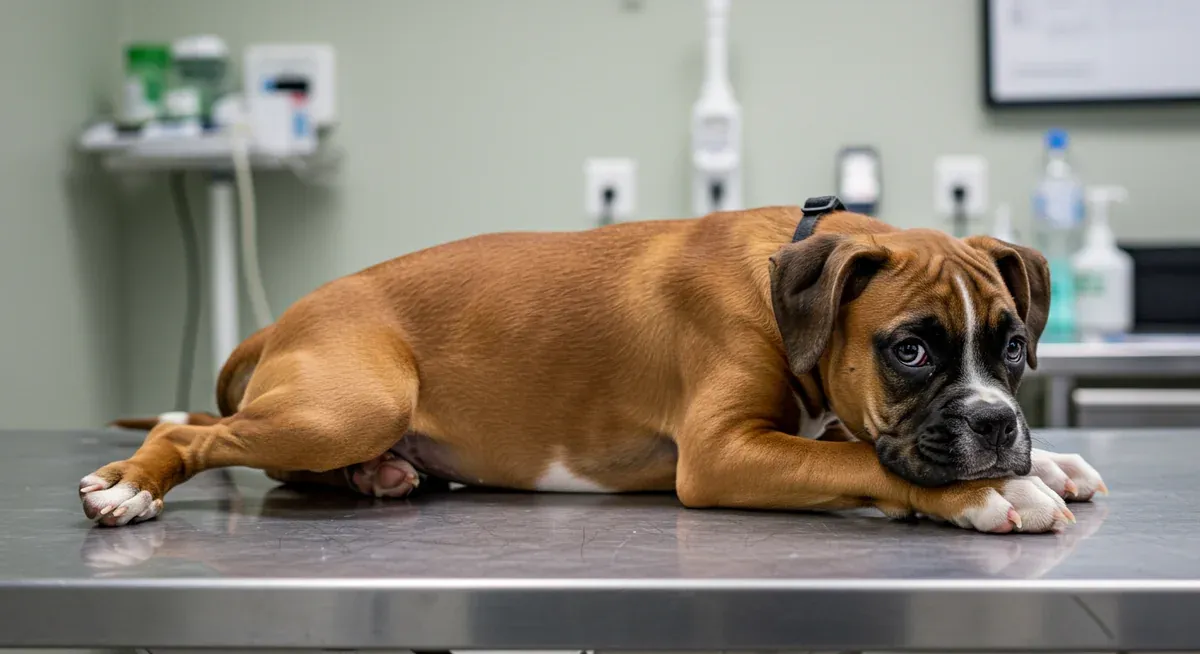 A young Boxer puppy on a veterinary examination table showing subtle signs of hip dysplasia difficulty with rear leg positioning