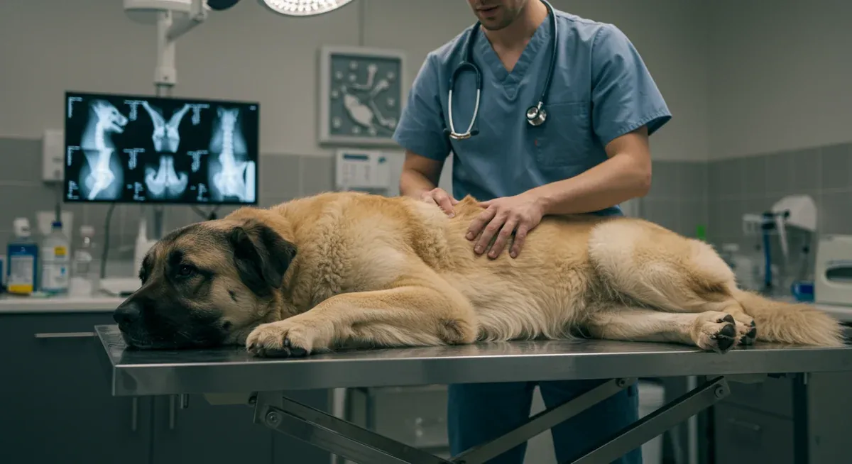 Veterinarian examining a Caucasian Shepherd Dog's hip area during a check-up, with hip X-rays visible in background, illustrating joint health screening