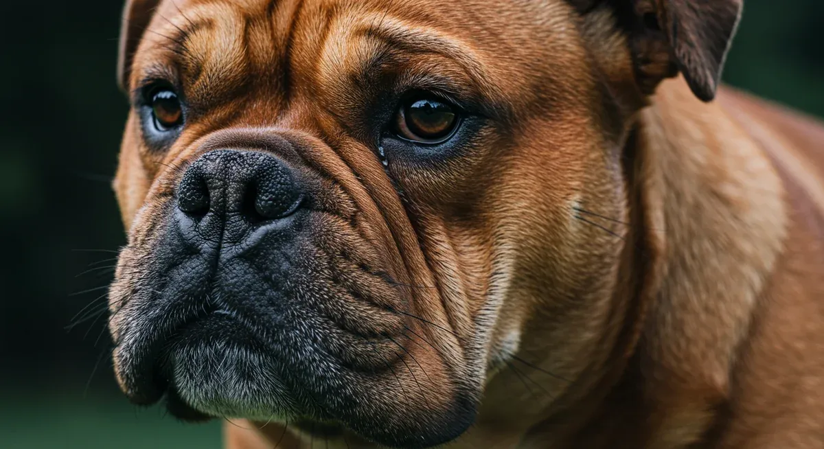 Close-up view of a Bulldog's facial wrinkles showing early signs of skin fold dermatitis with redness and moisture in the skin folds
