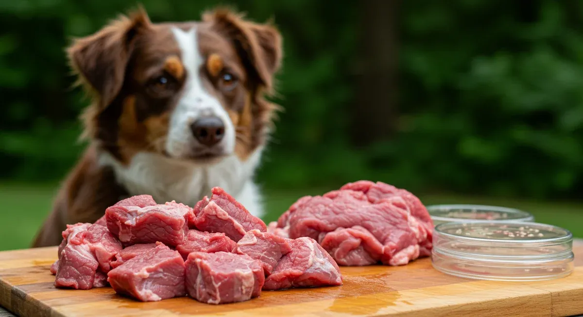 Raw meat on a cutting board with bacterial culture dishes showing contamination, illustrating the bacterial risks of raw diets for dogs