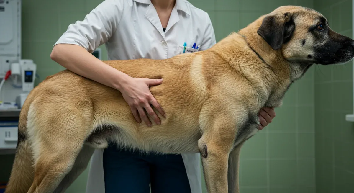 Veterinary examination of an Anatolian Shepherd's deep chest and abdomen, illustrating the breed's physical build that predisposes them to the life-threatening condition of bloat