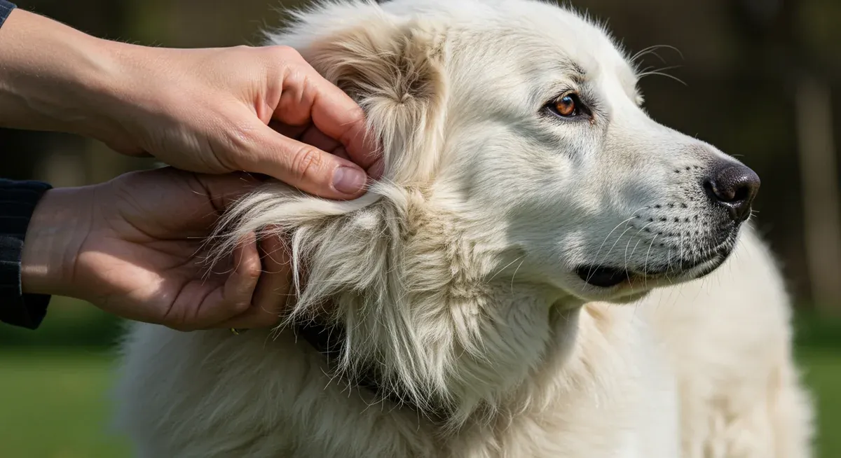 Close-up view of a Maremma's coat layers being separated by hand, showing the outer guard hairs and dense undercoat that causes heavy shedding