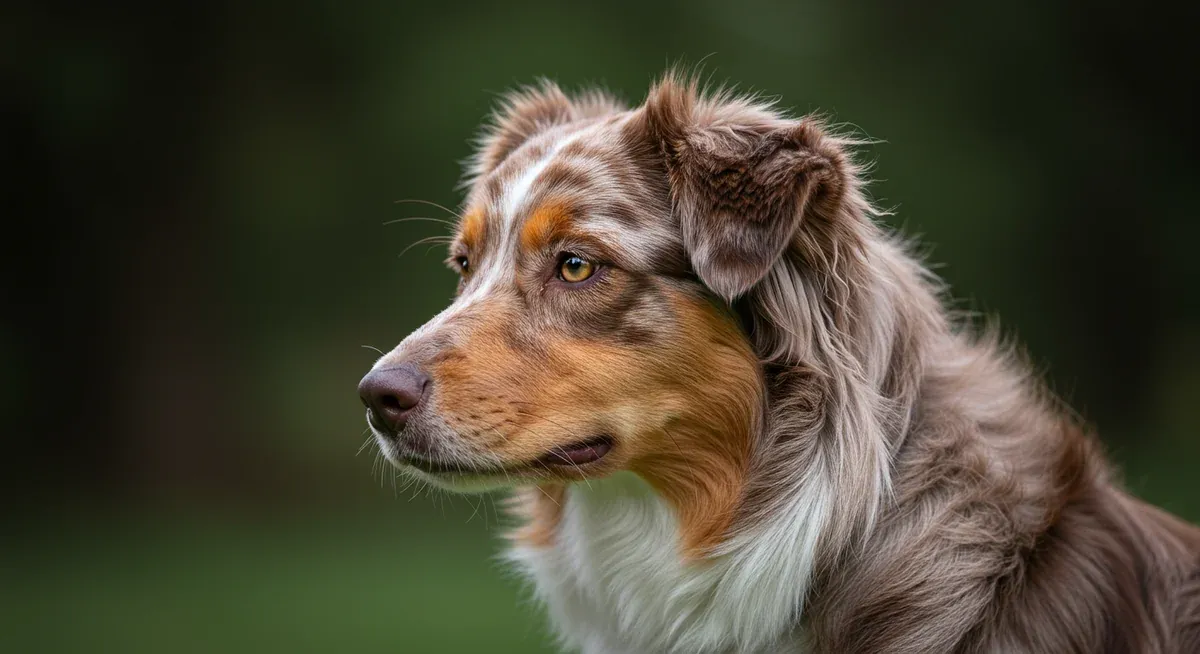Close-up detail of an Australian Shepherd's merle coat pattern showing the characteristic mottled patches of diluted and full-intensity colors