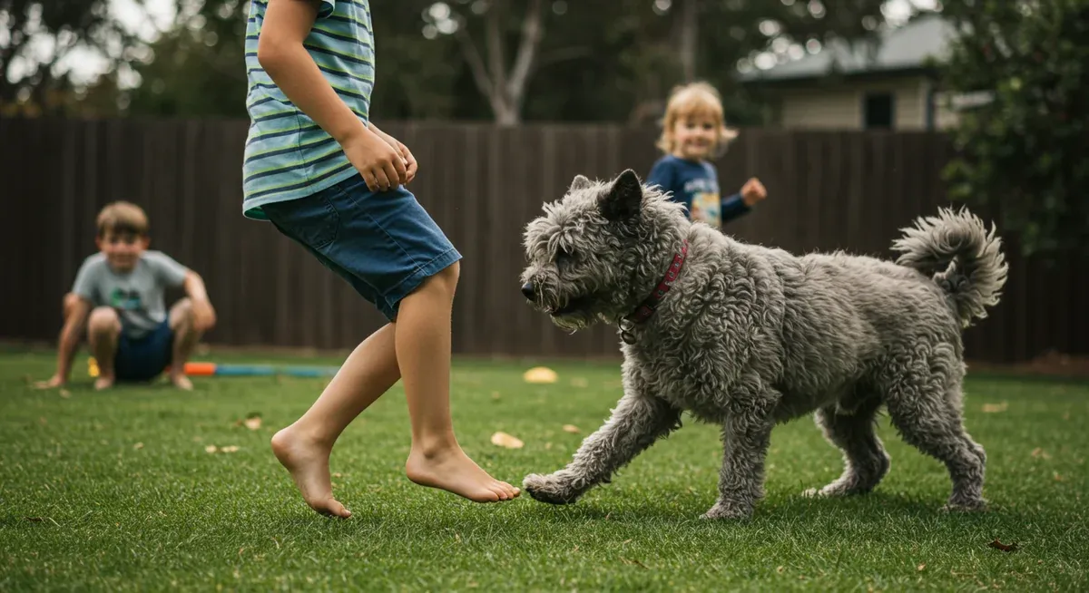 A Puli dog displaying natural herding instincts by gently guiding children in a backyard, illustrating the breed's ingrained herding behaviors that need proper management