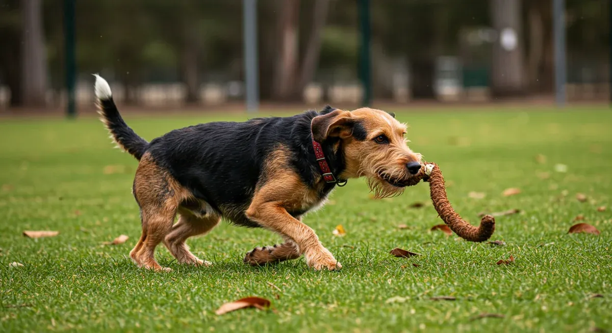 A Petit Basset Griffon Vendeen displaying intense focus and hunting posture while tracking, illustrating the breed's strong prey drive that requires secure fencing and careful management