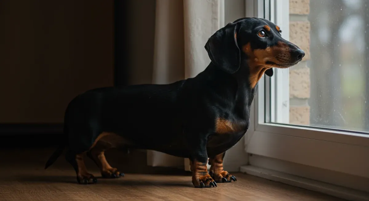 A Dachshund looking alertly out a window, illustrating the breed's natural tendency to bark at perceived threats and stimuli in their environment