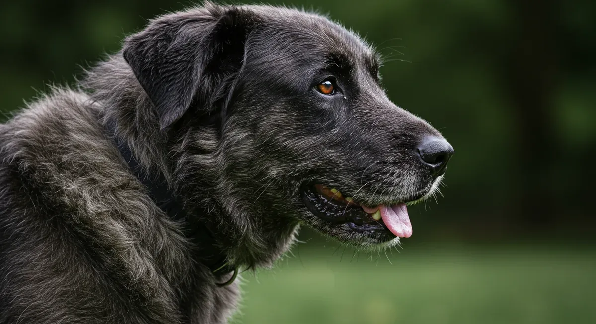 Close-up view of a Bouvier des Flandres' thick double coat showing the wiry outer layer and soft undercoat, with visible matting in problem areas like the beard and legs