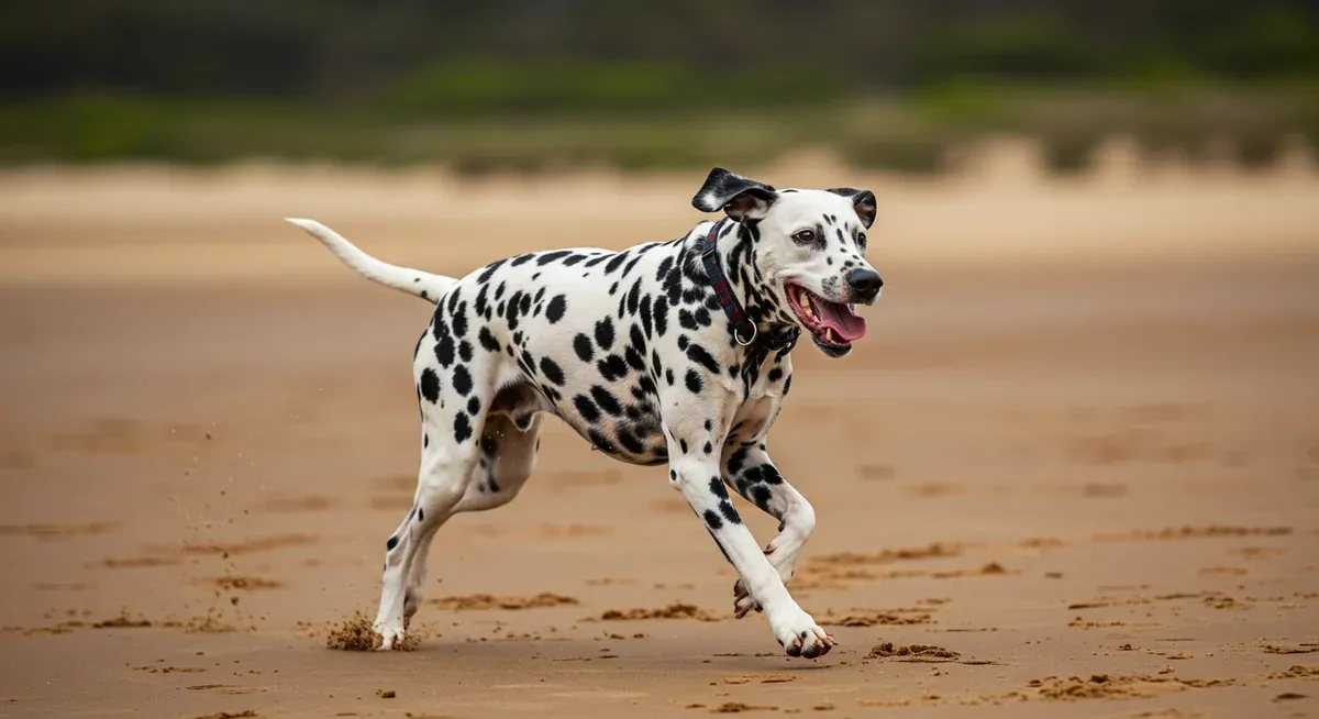 A Dalmatian running energetically across open terrain, demonstrating the breed's high exercise requirements and athletic heritage