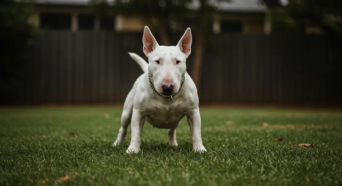 Bull Terrier showing early warning signs of potential aggression through stiff posture and intense staring, illustrating the body language owners should recognize