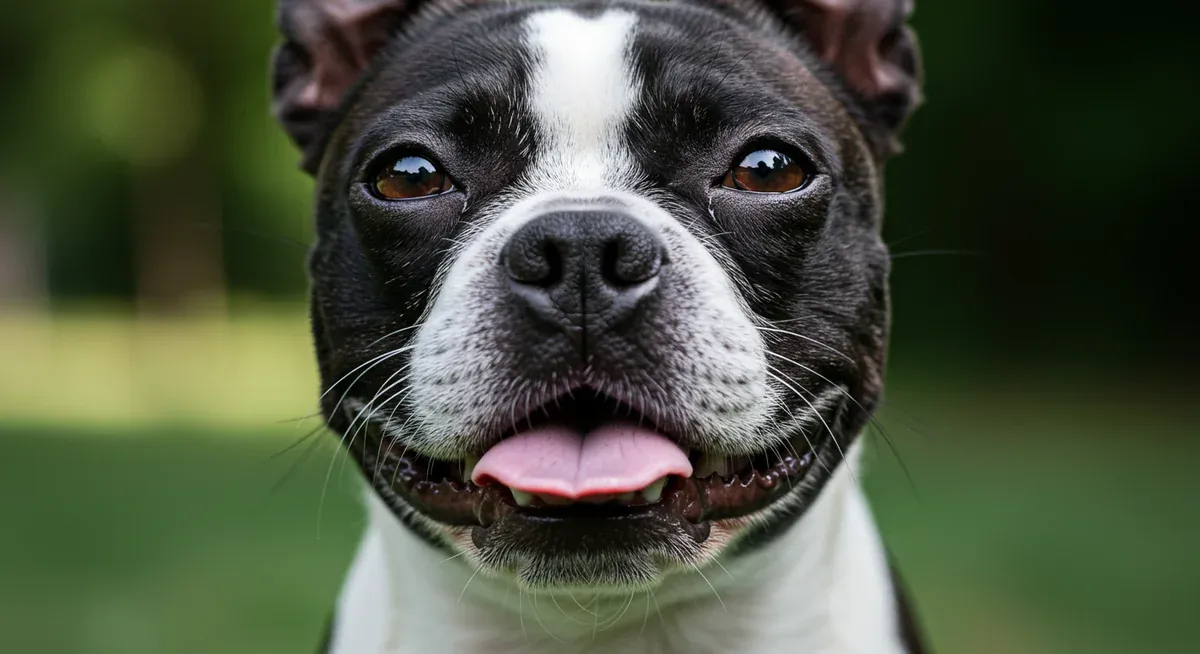 Close-up of a Boston Terrier's flat face and nose, illustrating the anatomical features that cause breathing difficulties in brachycephalic breeds