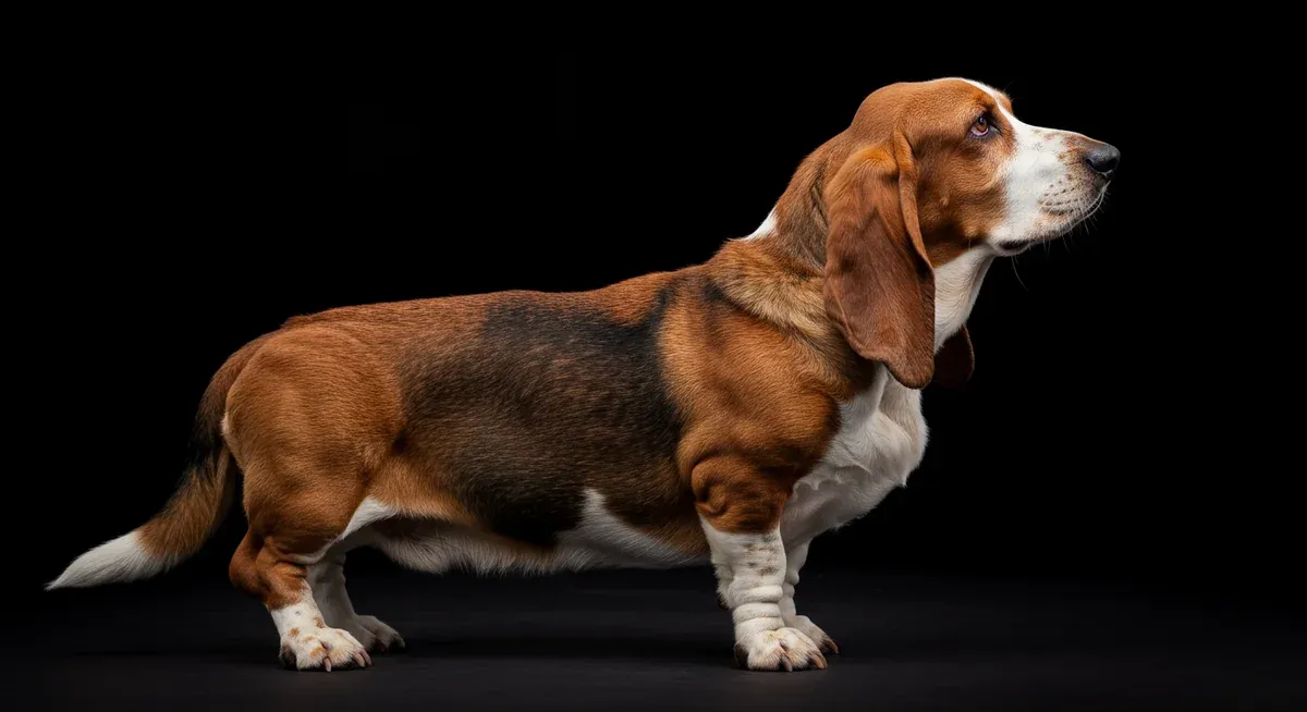 Side profile of a Basset Hound clearly showing their long low body, deep chest, short legs and loose neck skin that creates challenges for collar fitting