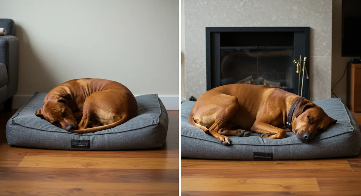 A Rhodesian Ridgeback shown in two different sleeping positions - curled up and fully stretched out - demonstrating why large beds are necessary for this breed's varied sleeping habits