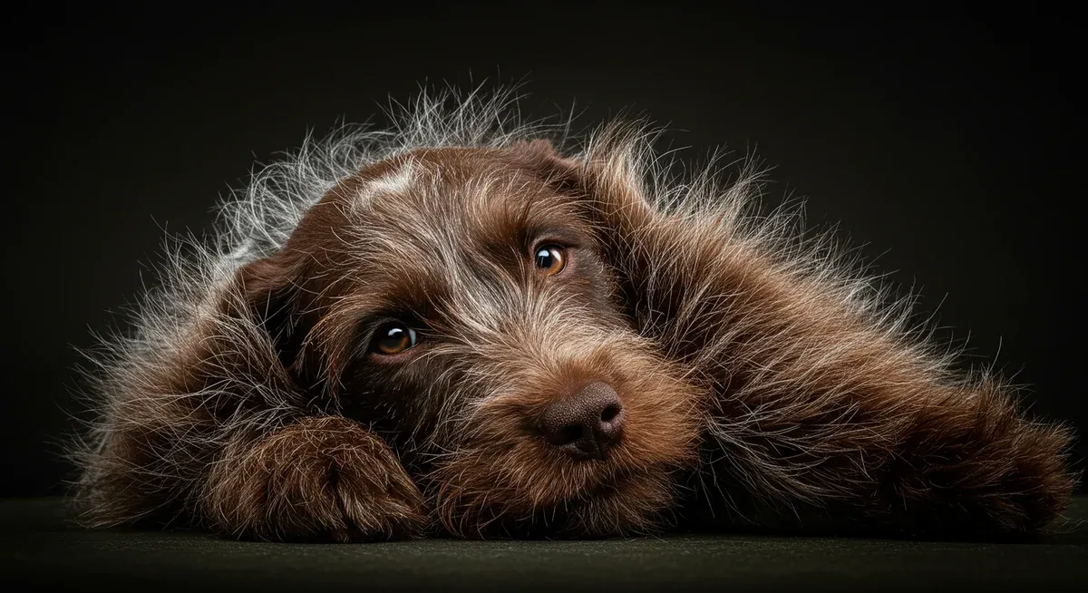 Detailed close-up of Wirehaired Pointing Griffon coat showing the distinct layers of wiry topcoat and soft dense undercoat that contribute to the breed's shedding patterns