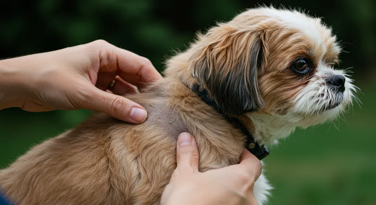 Close-up view of a Shih Tzu's thick double coat being examined, illustrating how the dense fur can trap allergens and irritants against sensitive skin