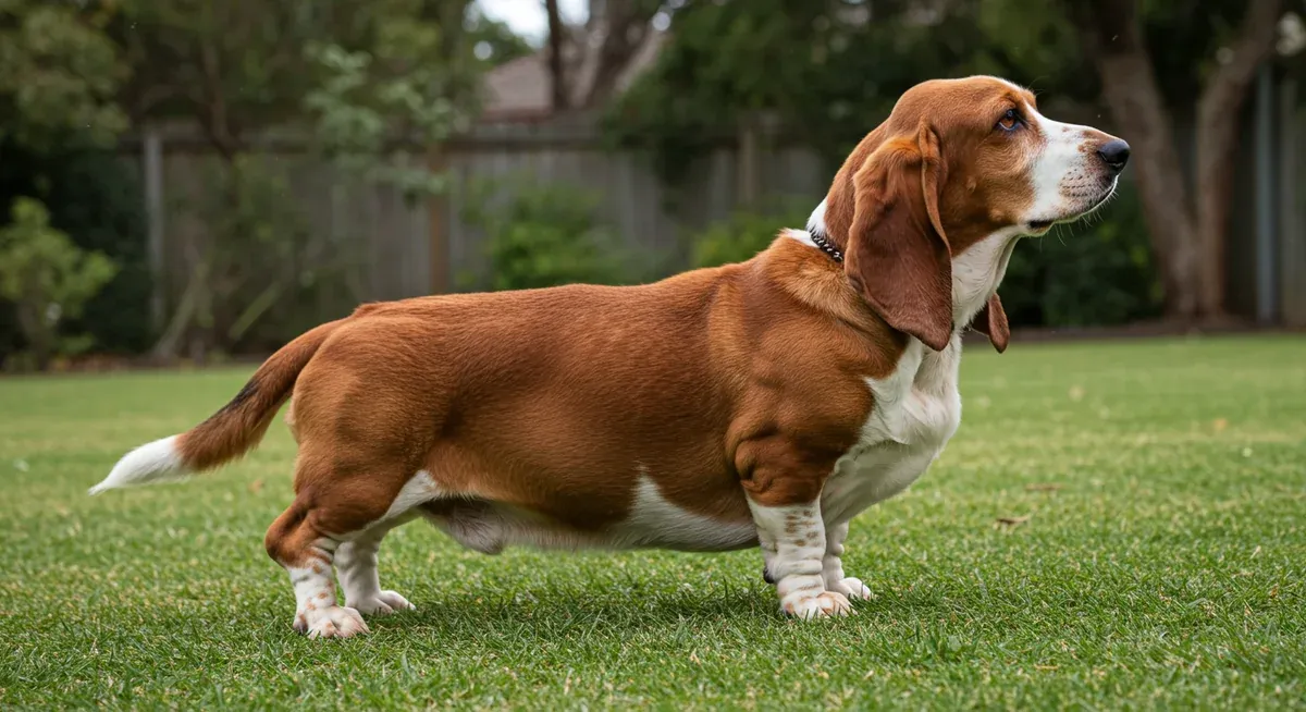 Side view of a Basset Hound showing the breed's distinctive short legs and long body structure caused by osteochondrodysplasia, illustrating the physical characteristics that lead to joint stress and mobility issues