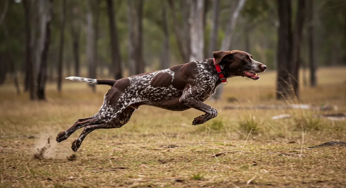 German Shorthaired Pointer running at full speed through bushland, showcasing the athletic build and energy levels that drive their nutritional needs