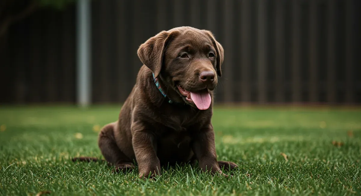 A young Labrador puppy resting on grass, illustrating the limited exercise needs of puppies with developing joints