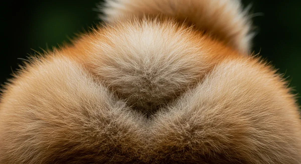 Close-up detail of a Shiba Inu's double coat showing the soft undercoat beneath the outer guard hairs