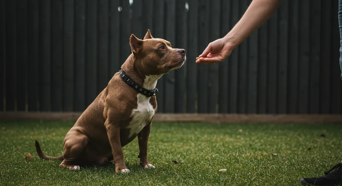 American Bully dog receiving a treat reward during positive reinforcement training, showing the effective methods for reshaping aggressive behaviors through reward-based techniques